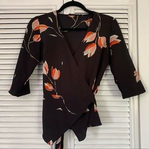 Zara Crossed Blouse Black Floral Top Mid Sleeve